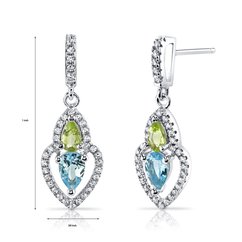 Swiss Blue Topaz and Peridot Earrings Sterling Silver Pear Shape 1.50 Carats Total