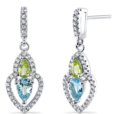 Swiss Blue Topaz and Peridot Earrings Sterling Silver Pear Shape 1.50 Carats Total