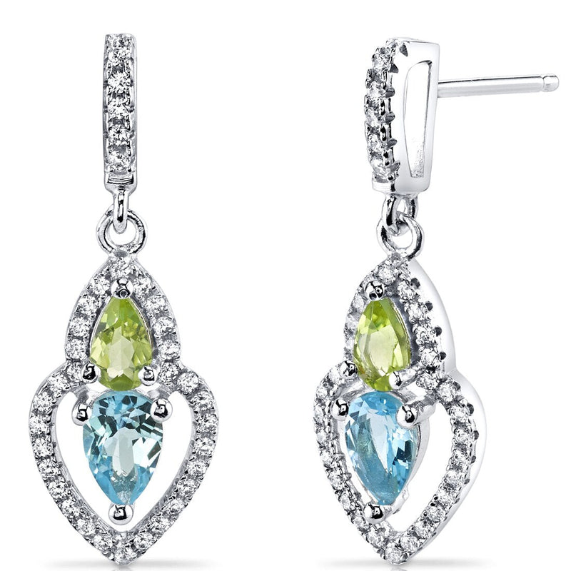 Swiss Blue Topaz and Peridot Earrings Sterling Silver Pear Shape 1.50 Carats Total