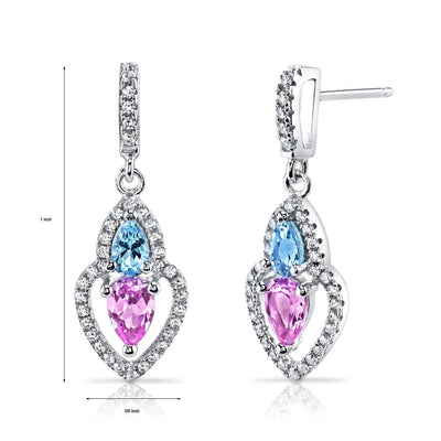 Created Pink Sapphire and Swiss Blue Topaz Earrings Sterling Silver Pear Shape 1.50 Carats Total