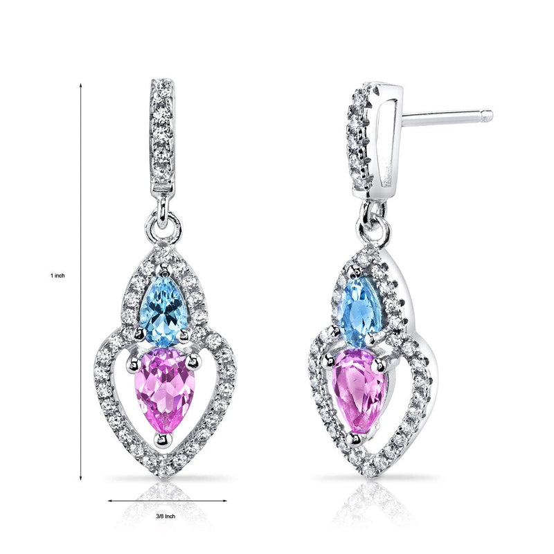 Created Pink Sapphire and Swiss Blue Topaz Earrings Sterling Silver Pear Shape 1.50 Carats Total