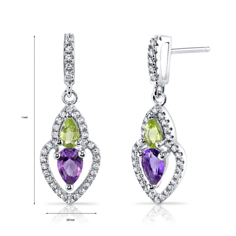 Amethyst and Peridot Earrings Sterling Silver Pear Shape 1.00 Carats Total