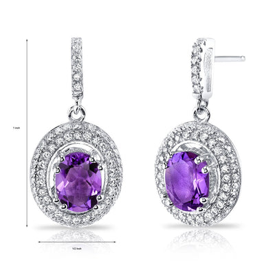 Amethyst Halo Dangle Earrings Sterling Silver 2.00 Carats Total
