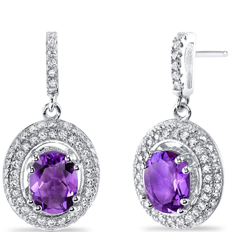 Amethyst Halo Dangle Earrings Sterling Silver 2.00 Carats Total