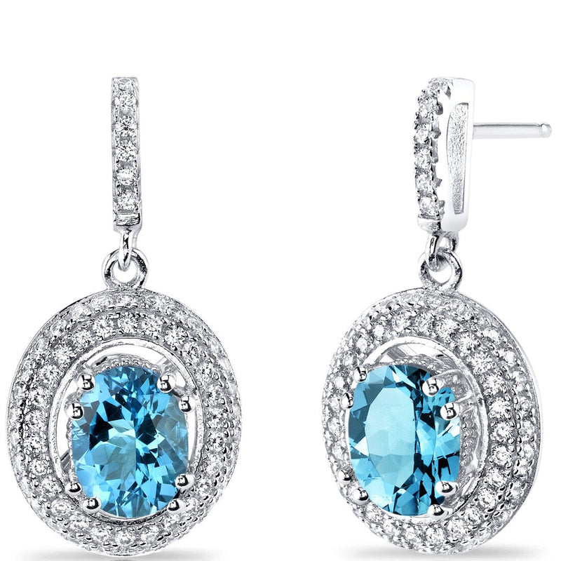 Swiss Blue Topaz Halo Dangle Earrings Sterling Silver 3.00 Carats Total