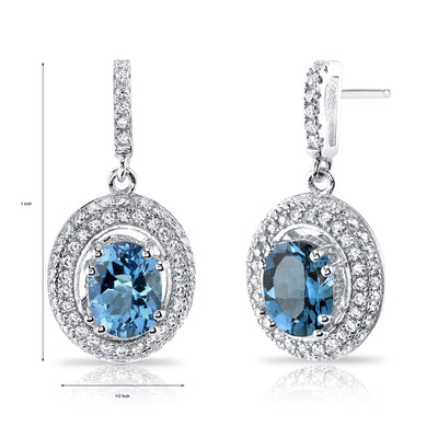 London Blue Topaz Halo Dangle Earrings Sterling Silver 3.00 Carats Total