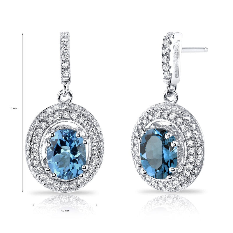 London Blue Topaz Halo Dangle Earrings Sterling Silver 3.00 Carats Total