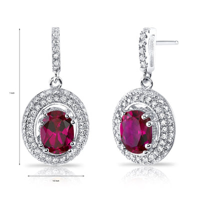 Created Ruby Halo Dangle Earrings Sterling Silver 3.50 Carats Total