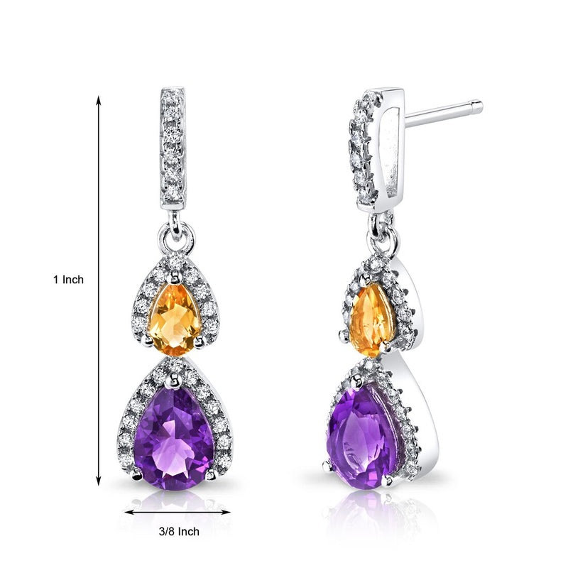 Amethyst and Citrine Open Halo Earrings Sterling Silver 2 Stone 1.50 Carats Total