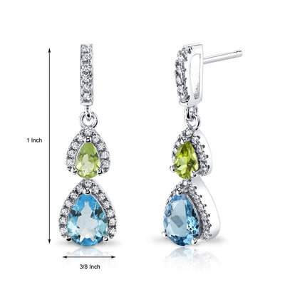 Swiss Blue Topaz and Peridot Open Halo Earrings Sterling Silver 2 Stone 2.00 Carats Total
