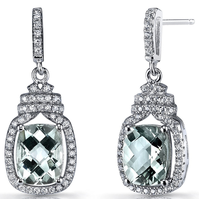 Green Amethyst Halo Crown Dangle Earrings Sterling Silver 3.5 Carats