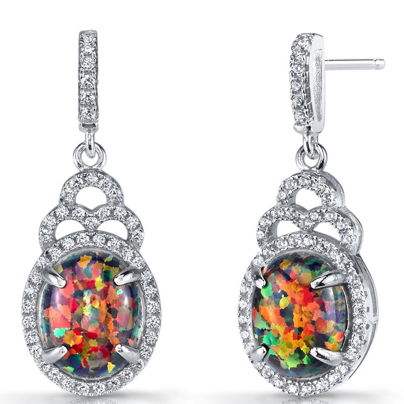 Created Black Opal Harlequin Dangling Earrings Sterling Silver 3 Carats