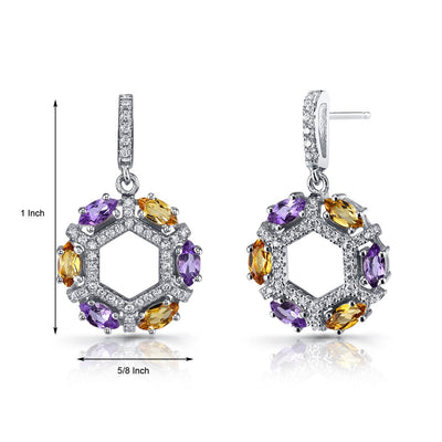 Amethyst and Citrine Hexagon Dangle Earrings Sterling Silver