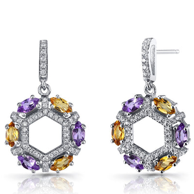 Amethyst and Citrine Hexagon Dangle Earrings Sterling Silver