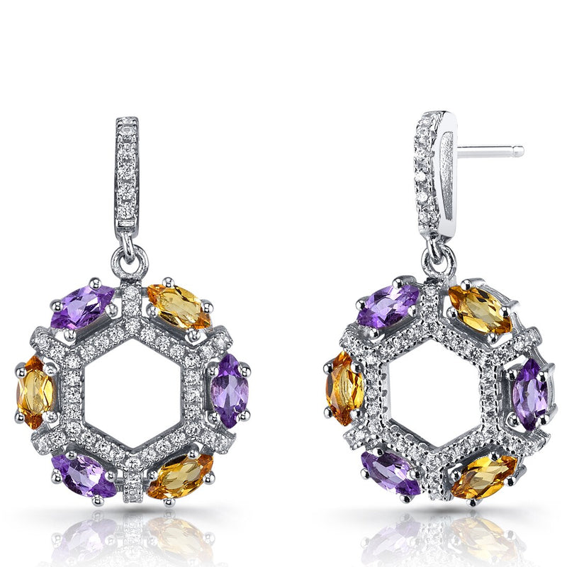 Amethyst and Citrine Hexagon Dangle Earrings Sterling Silver