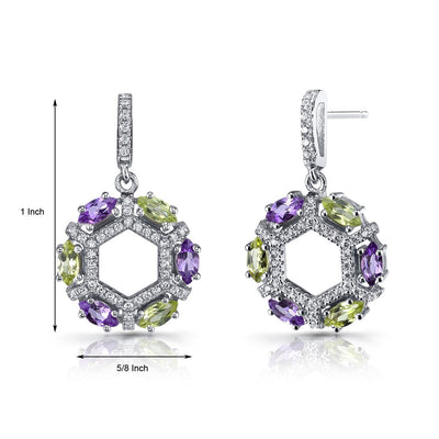 Amethyst and Peridot Hexagon Dangle Earrings Sterling Silver