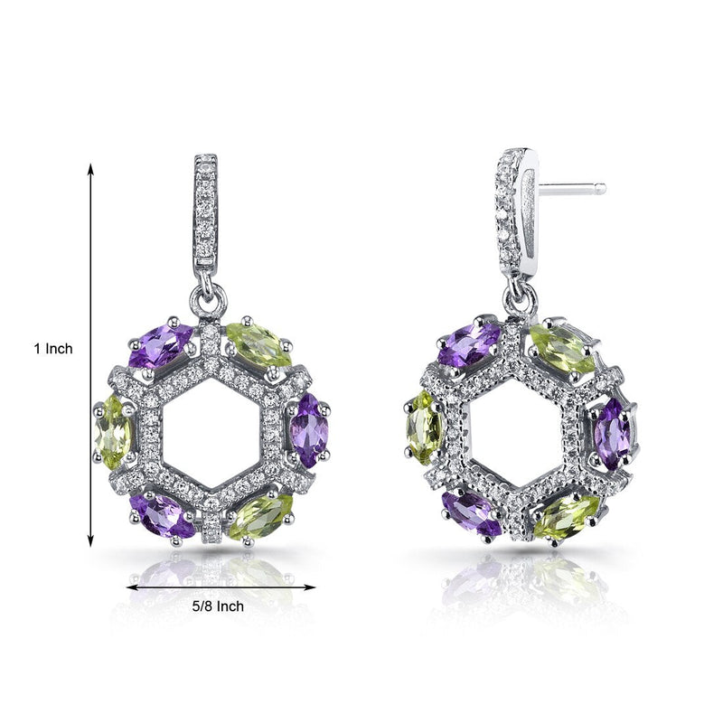 Amethyst and Peridot Hexagon Dangle Earrings Sterling Silver