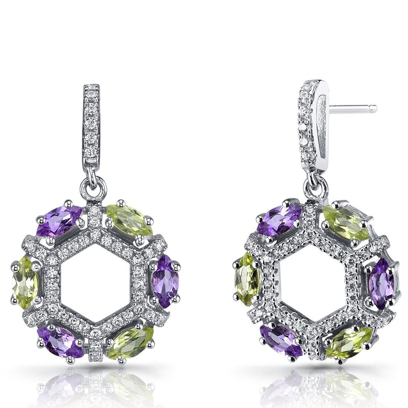 Amethyst and Peridot Hexagon Dangle Earrings Sterling Silver