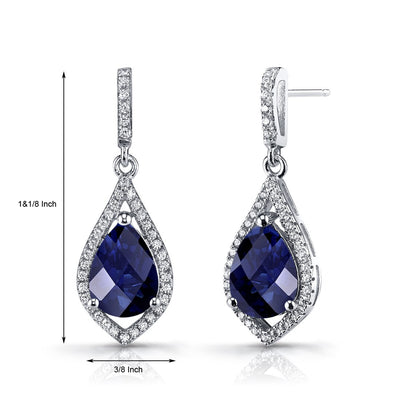 Created Blue Sapphire Tear Drop Dangle Earrings Sterling Silver 5 Carats