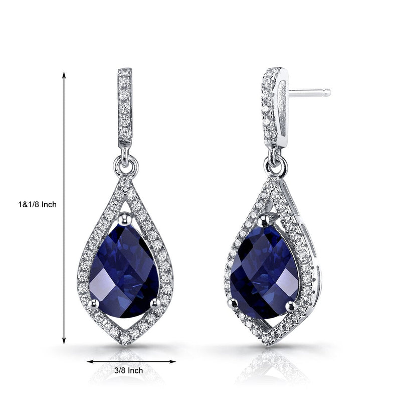 Created Blue Sapphire Tear Drop Dangle Earrings Sterling Silver 5 Carats