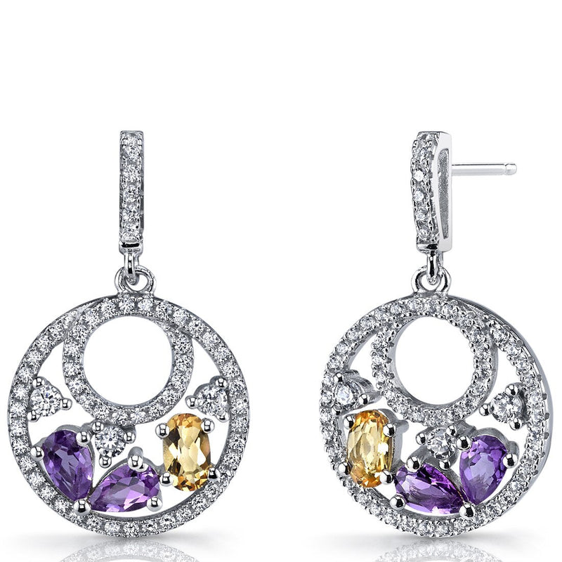 Amethyst and Citrine Sterling Silver Double Hoop Dangle Drop Earrings