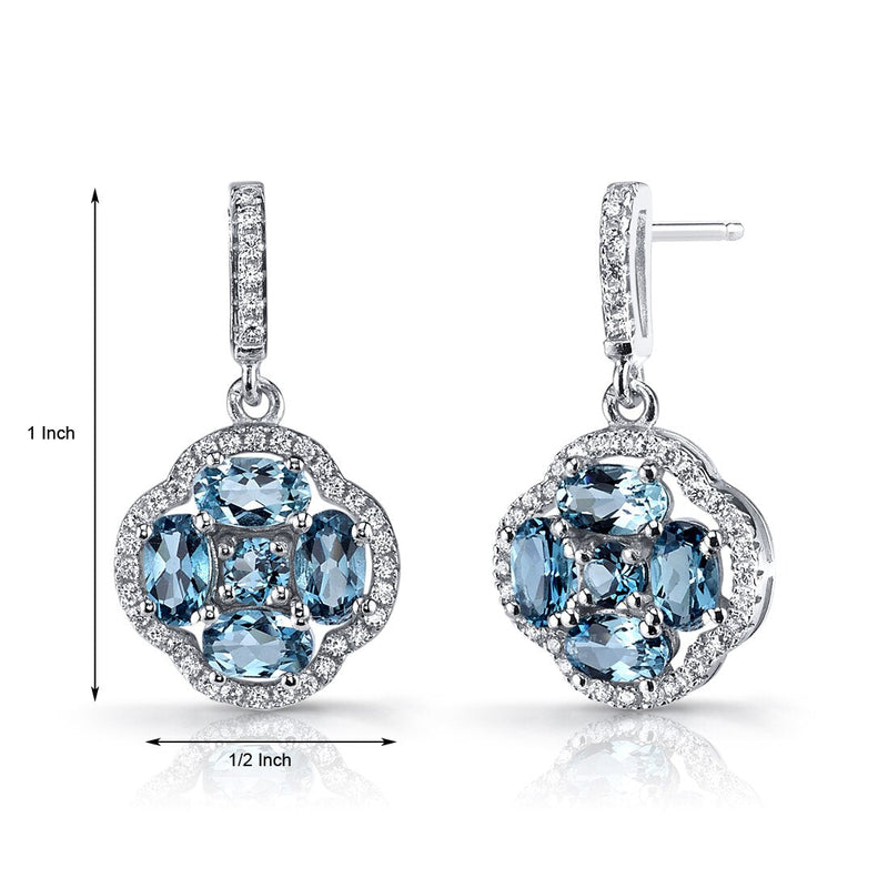 London Blue Topaz Clover Dangle Drop Earrings Sterling Silver 2.5 Carats SE8676