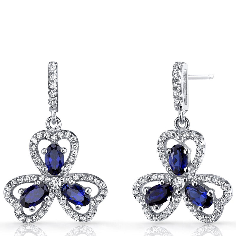 Created Blue Sapphire Trinity Earrings Sterling Silver 1.5 Carats