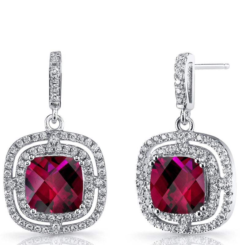 Created Ruby Cushion Cut Dangle Drop Earrings Sterling Silver 6 Carats