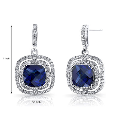 Created Blue Sapphire Cushion Cut Dangle Drop Earrings Sterling Silver 6 Carats