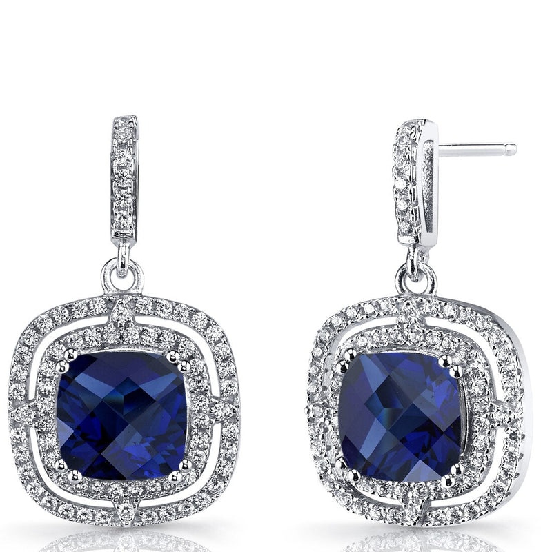 Created Blue Sapphire Cushion Cut Dangle Drop Earrings Sterling Silver 6 Carats