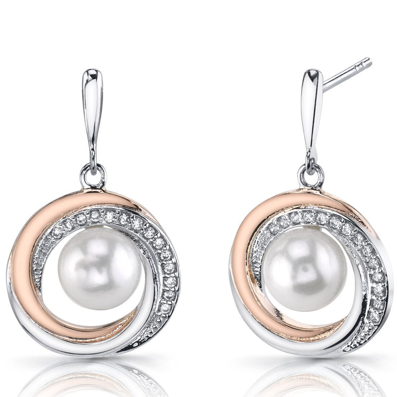 Freshwater Cultured 7.50mm White Pearl Halo Earrings Rose Goldtone Sterling Silver