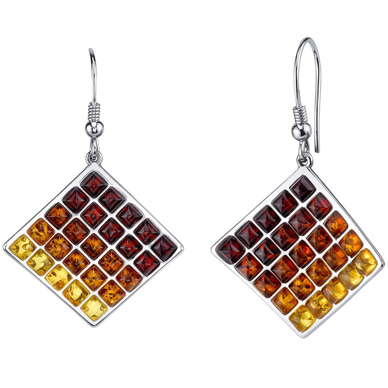 Baltic Amber Waffle Pattern Dangle Earrings Sterling Silver Multiple Color