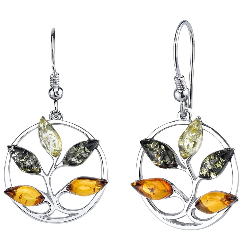 Baltic Amber Tree Dangle Earrings Sterling Silver Multiple Color