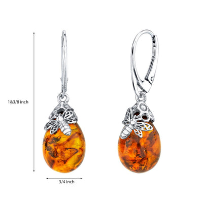 Baltic Amber Sterling Silver Bee Drop Earrings Cognac Color