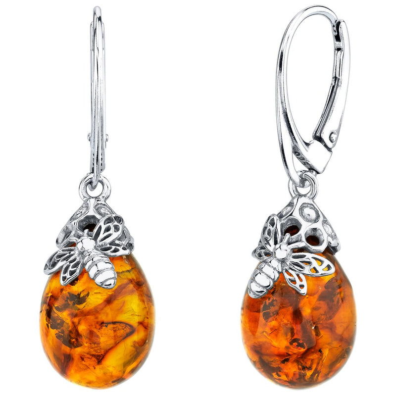 Baltic Amber Sterling Silver Bee Drop Earrings Cognac Color