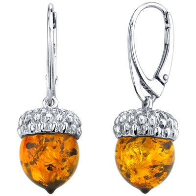 Baltic Amber Sterling Silver Acorn Drop Earrings Cognac Color