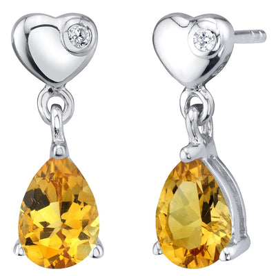 Teardrop Citrine Heart Dangle Drop Earrings Sterling Silver 1.25 Carats Total