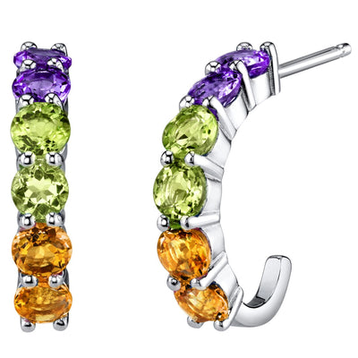 Amethyst, Peridot and Citrine J-Hoop Earrings Sterling Silver 1 Carat Total