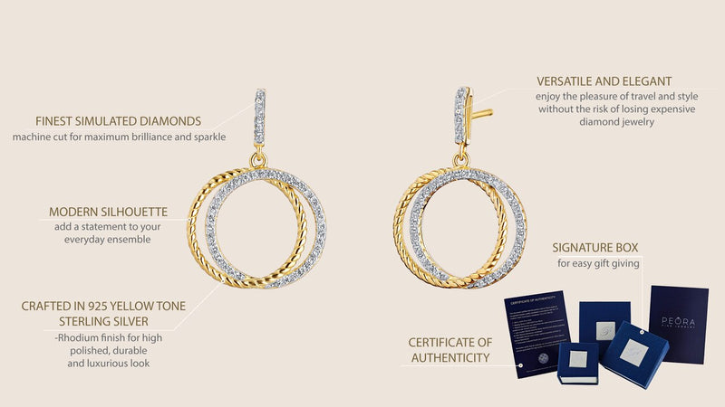 Sterling Silver Simulated Diamonds Duo Circle Yellow Tone Dangle Drop Earrings Se9094 on a model or additional view