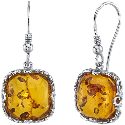 Cushion Cut Baltic Amber Dangle Fishhook Earrings Sterling Silver