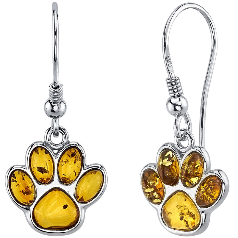 Baltic Amber Paw Print Dangle Drop Earrings Sterling Silver