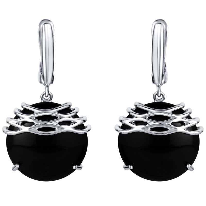 Sterling Silver Round Black Onyx Waves Dangle Earrings for Women