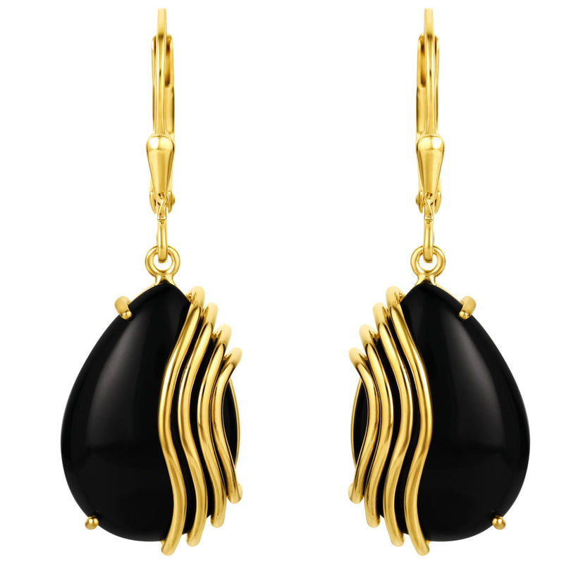 Yellow-Tone Sterling Silver Teardrop Black Onyx Waves Drop Earrings for Women