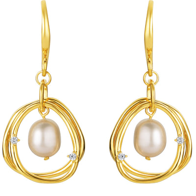 Yellow-Tone Sterling Silver Freshwater Cultured Pearl Wreath Drop Earrings for Women