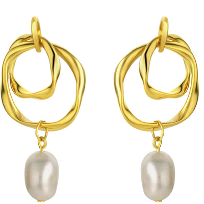 Freshwater Cultured Pearl Drop Organic Drop Earrings for Women in Yellow-Tone Sterling Silver