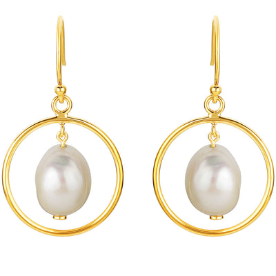 Freshwater Cultured Pearl Pendulum Drop Earrings for Women in Yellow-Tone Sterling Silver