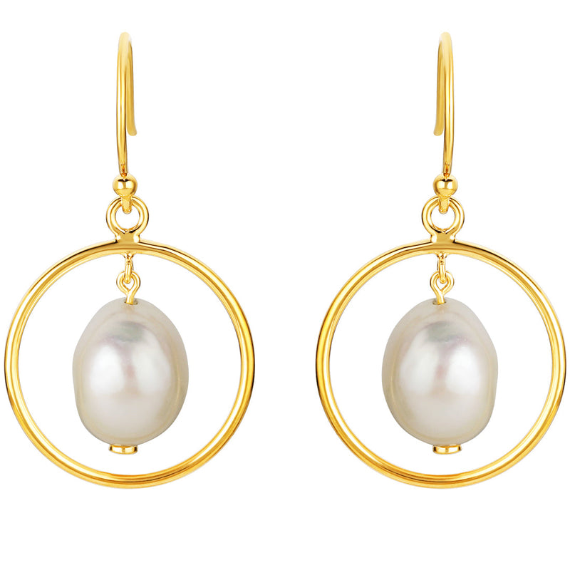 Freshwater Cultured Pearl Pendulum Drop Earrings for Women in Yellow-Tone Sterling Silver