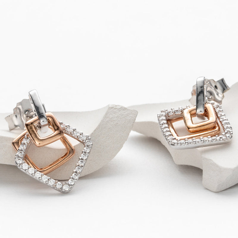 Sterling Silver Open Layered Square Earrings for Women