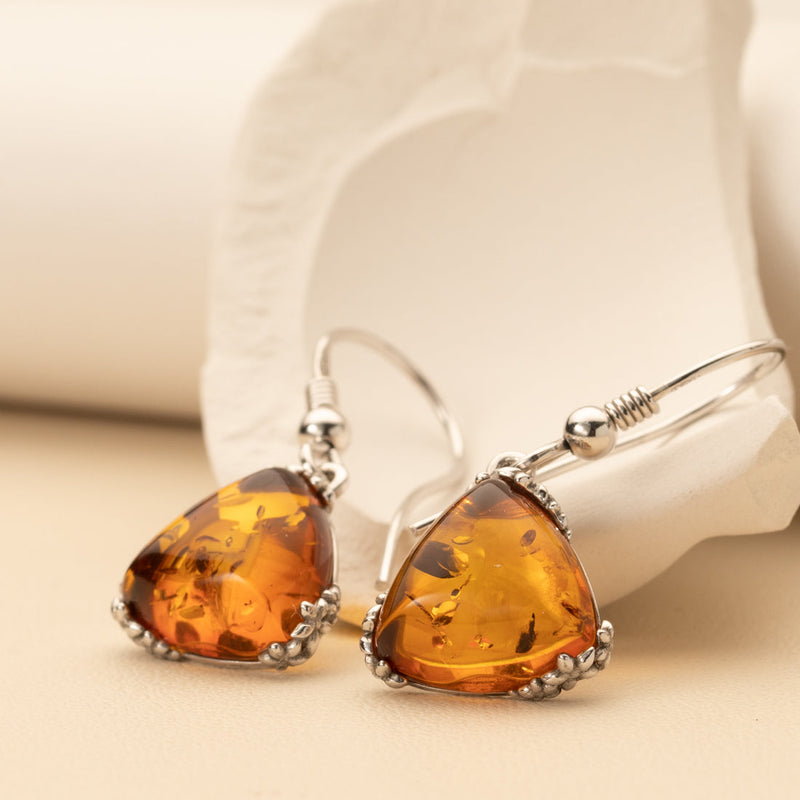 Baltic Amber Trillion Shape Fishhook Earrings in Sterling Silver creative