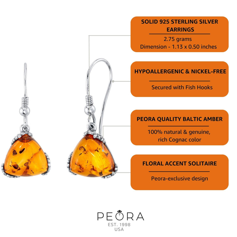 Baltic Amber Trillion Shape Fishhook Earrings in Sterling Silver info